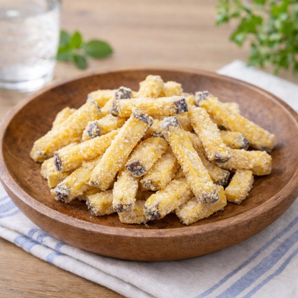 おさつどきっ スティック 塩バターまみれの中身を木皿に盛り付けた写真。さつまいもスティックの質感がわかるアップ