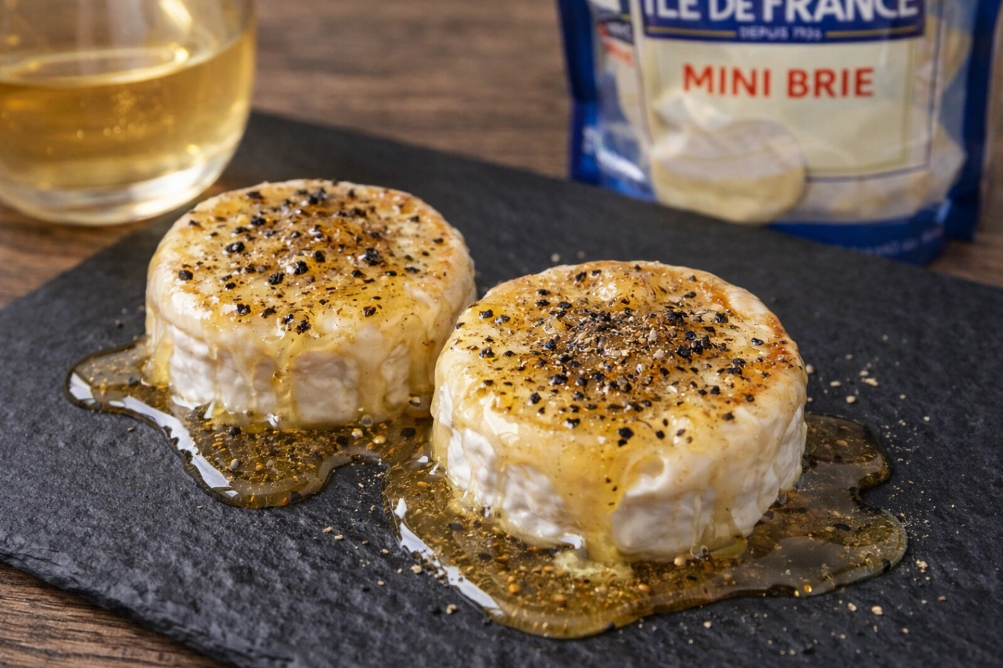 コストコ「イル・ド・フランス ミニブリー」をトースターで温め、はちみつをたっぷりかけて粗挽きブラックペッパーを散らしたおつまみアレンジ(ワインに合う)